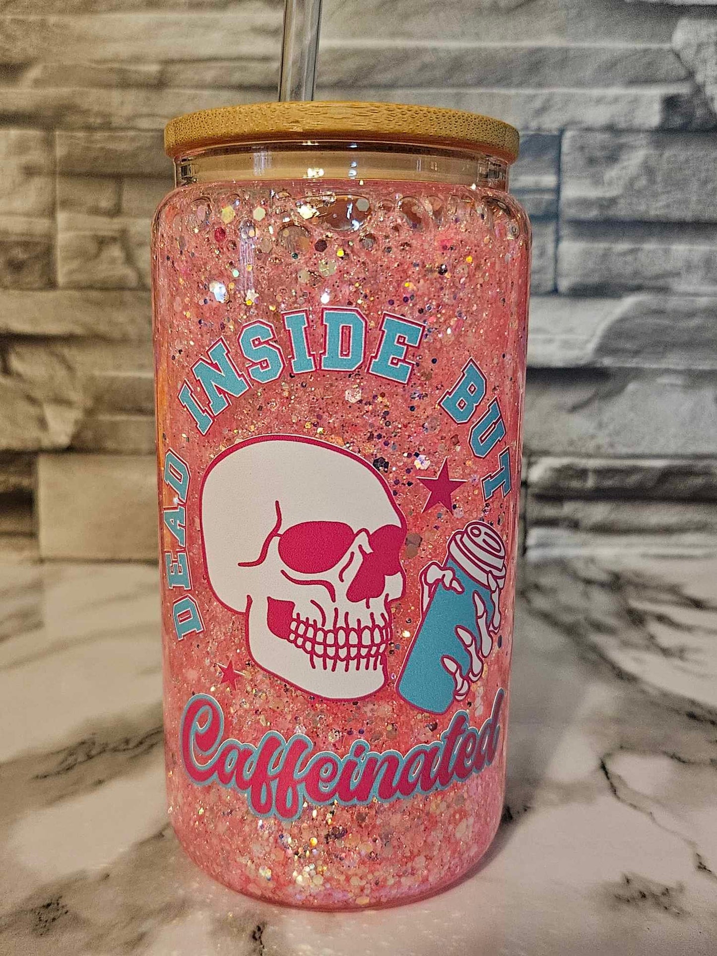 Glowing Skull Glass Tumbler - "Dead Inside But Caffeinated" Skull Cup with Bamboo Lid and Snowglobe Design for a Unique Beverage Experience