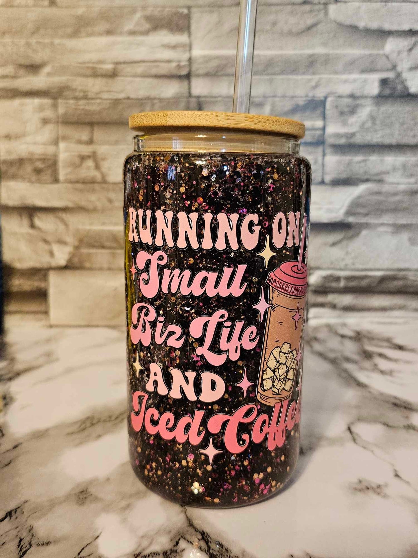 Small Biz Life and Iced Coffee Glass Tumbler - Small Biz Cup with Bamboo Lid and Snowglobe Design for a Unique Beverage Experience