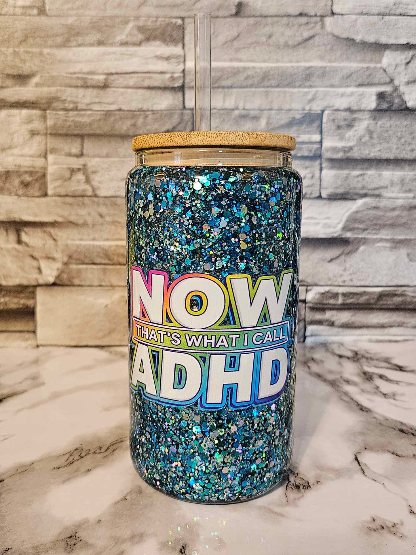 Now That's What I Call ADHD Glass Tumbler - Play on the NOW Series Cup with Bamboo Lid and Snowglobe Design for a Unique Beverage Experience