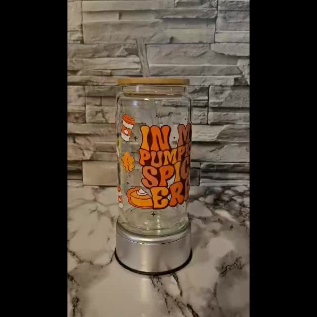 Pumpkin Spice Era Glass Tumbler - Pumpkin Spice Cup with Bamboo Lid for a Unique Beverage Experience