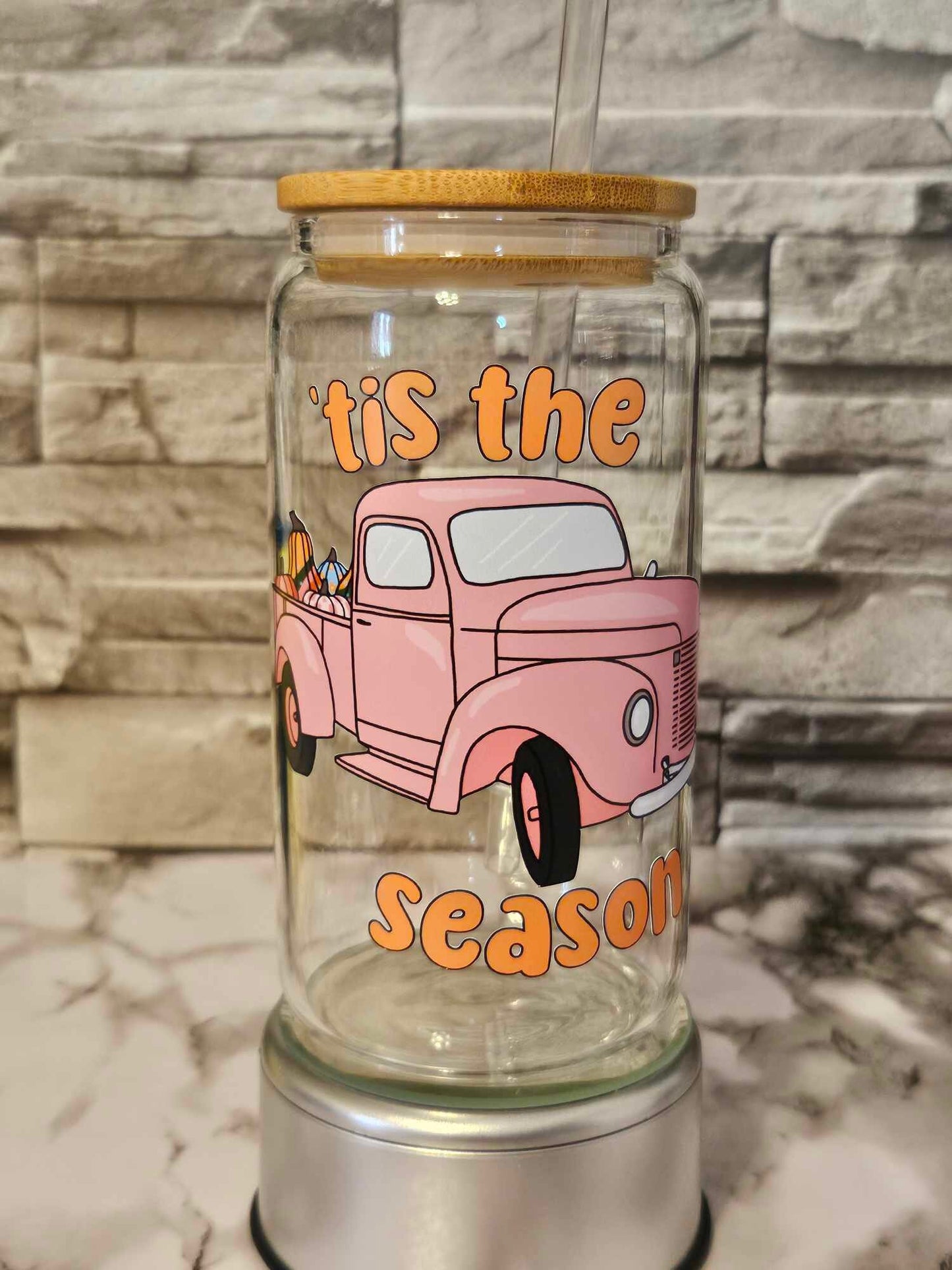 Tis The Season Glass Tumbler - Pumpkin Season Cup with Bamboo Lid for a Unique Beverage Experience