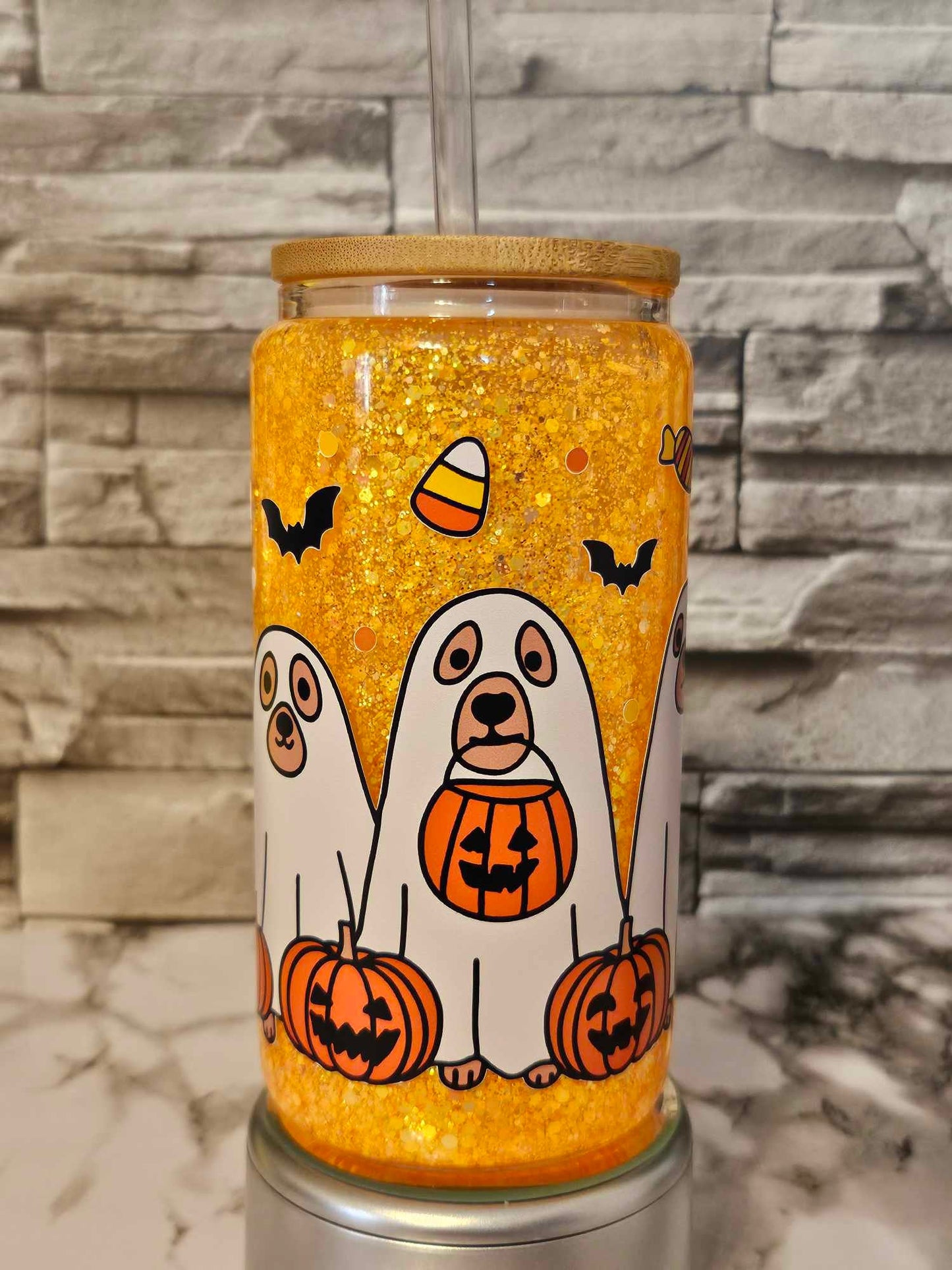 Glowing Dog Ghost Glass Tumbler - Ghost Cup with Bamboo Lid and Snowglobe Design for a Unique Beverage Experience