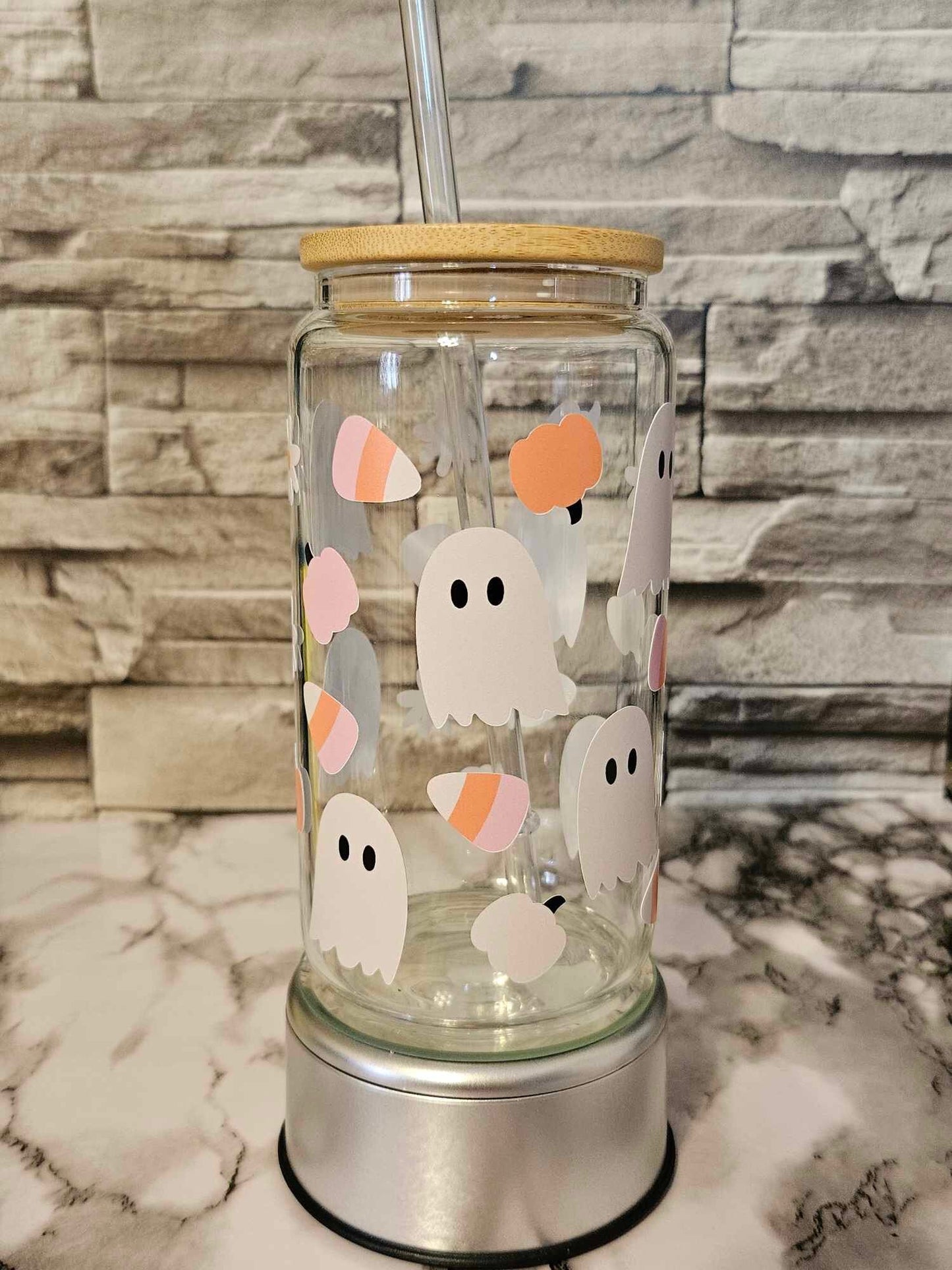 Boho Glass Tumbler - Ghost Cup with Bamboo Lid for a Unique Beverage Experience