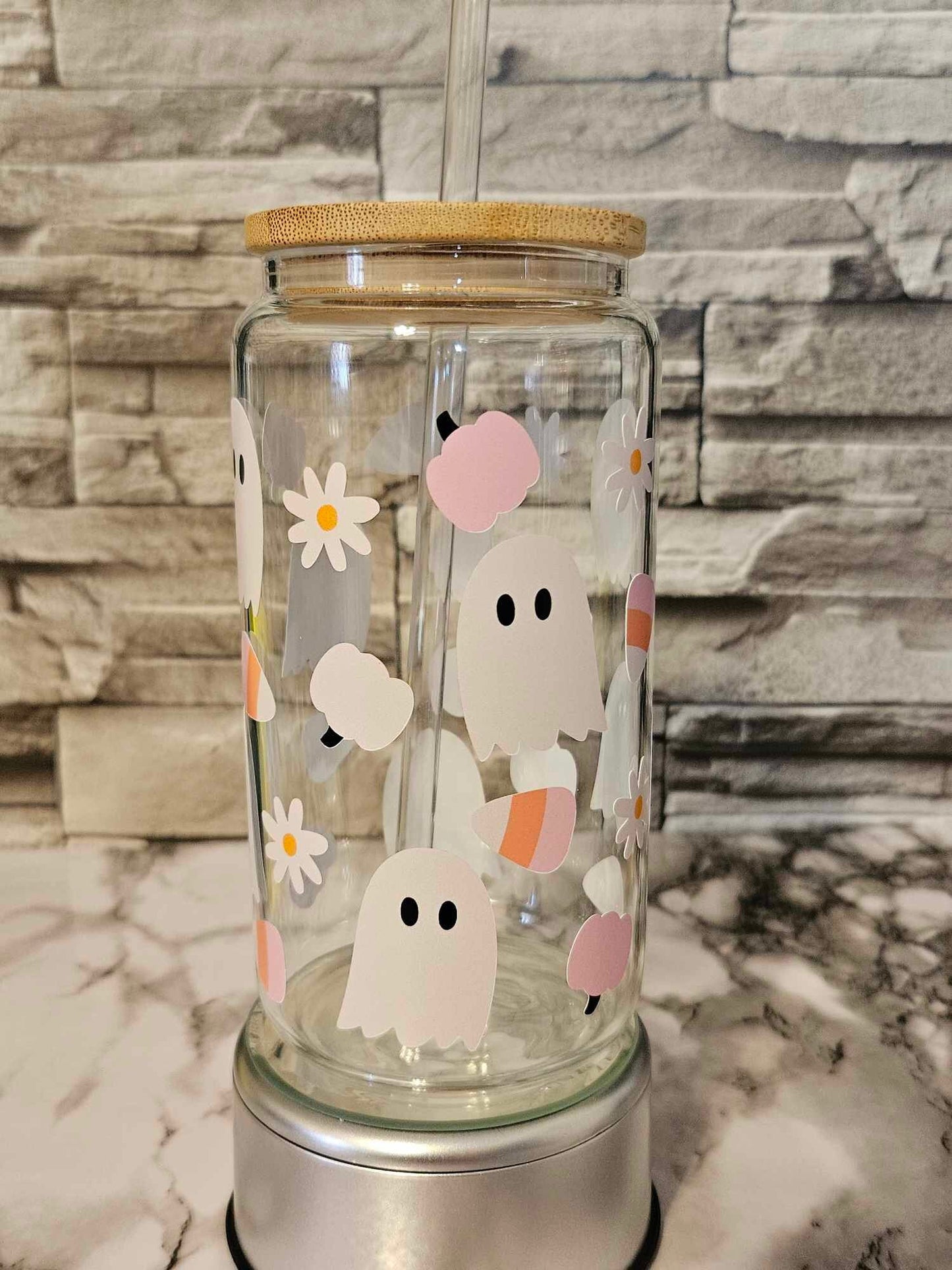 Boho Glass Tumbler - Ghost Cup with Bamboo Lid for a Unique Beverage Experience