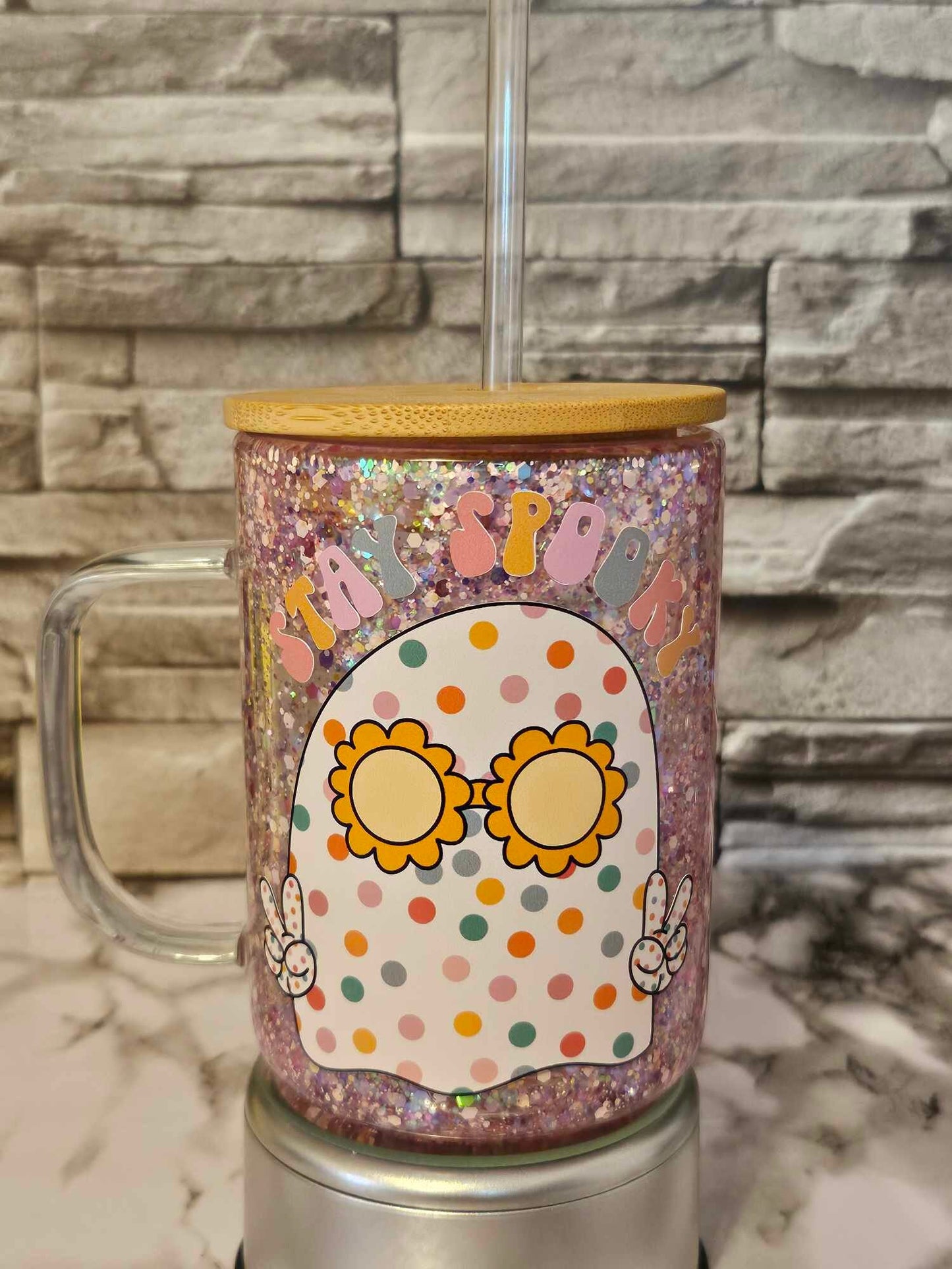 Boho Ghost Glass Coffee Mug- Stay Spooky Cup with Bamboo Lid and Snowglobe Design for a Unique Beverage Experience