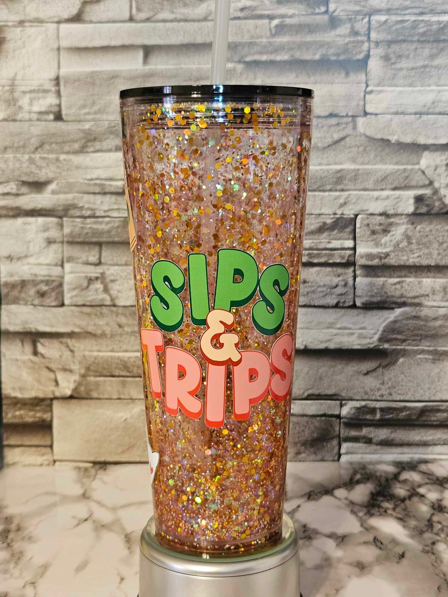 Sips and Trips Snow Globe Tumbler - Custom Double-Walled Tumbler Perfect for Keeping Your Summer Drinks Cool!