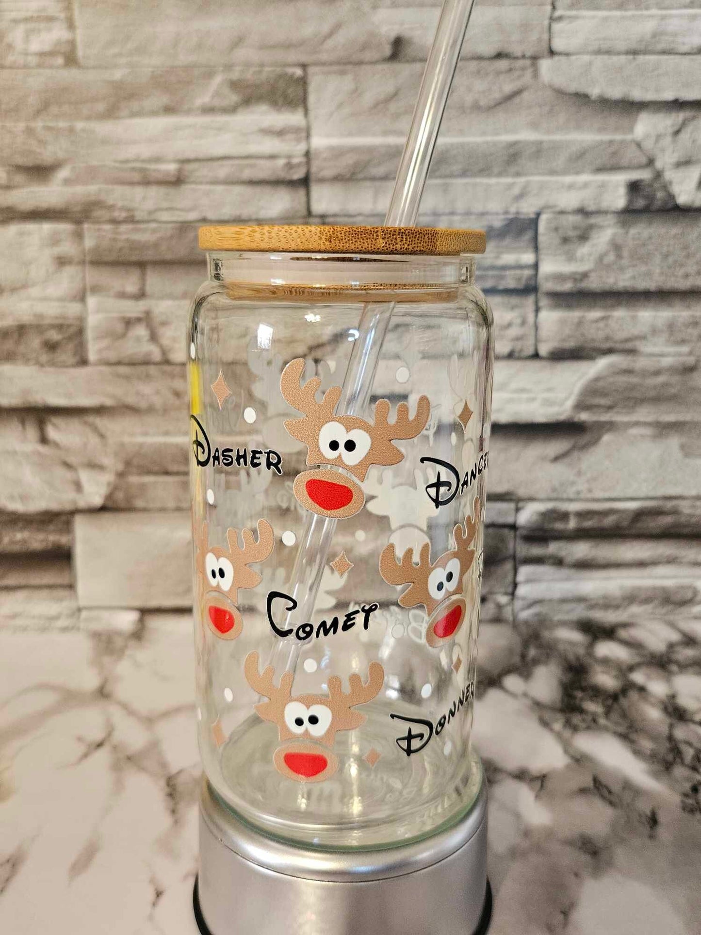 Reindeer Glass Tumbler - Christmas Season Cup with Bamboo Lid for a Unique Beverage Experience