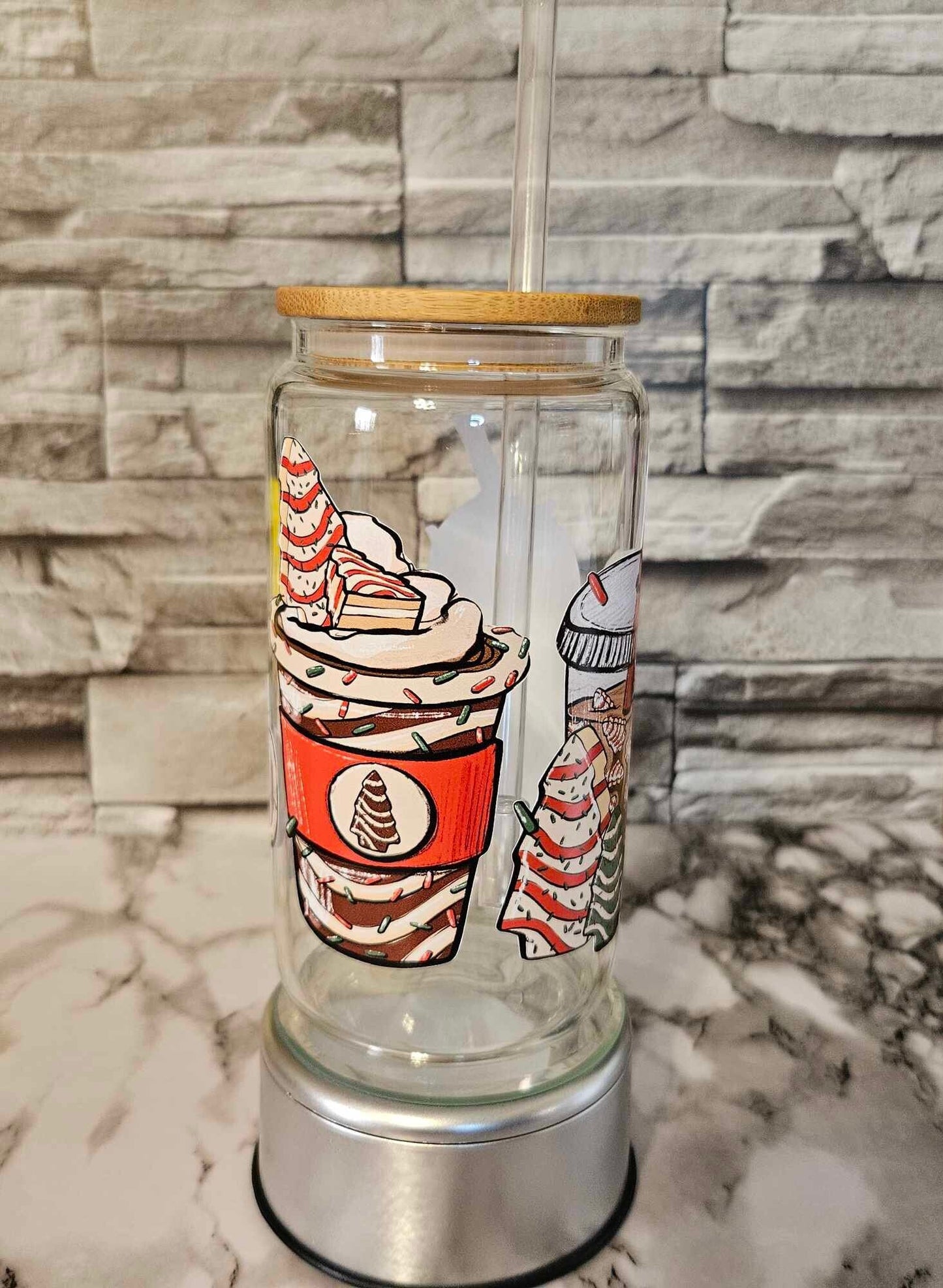 Christmas Tree Cakes Glass Tumbler - Christmas Season Cup with Bamboo Lid for a Unique Beverage Experience