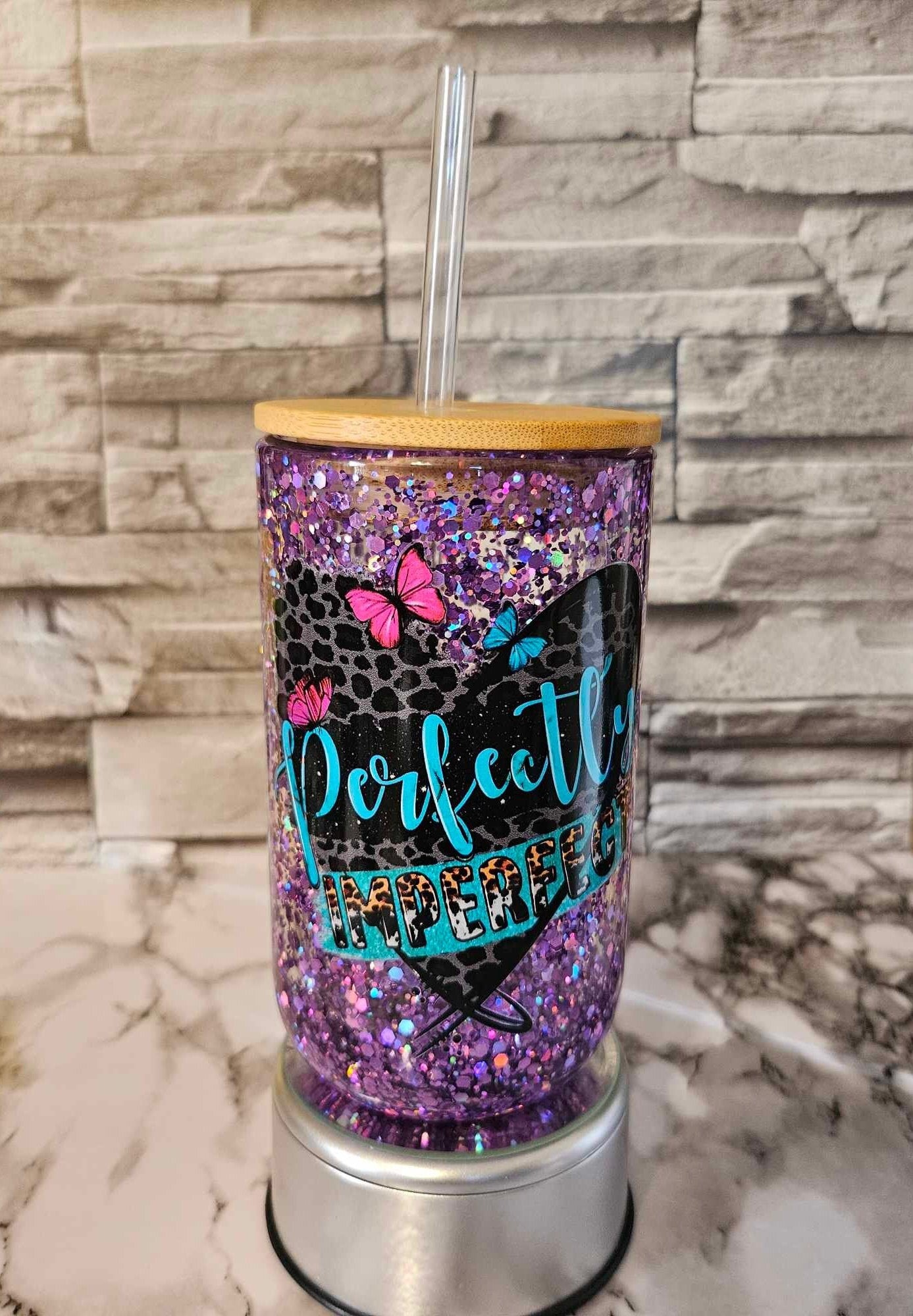 Trendy Perfectly Imperfect Snowglobe Tumbler - Unique 14oz Wine Glass | Double Insulated for Chilled Drinks | Slow Flowing Glitter
