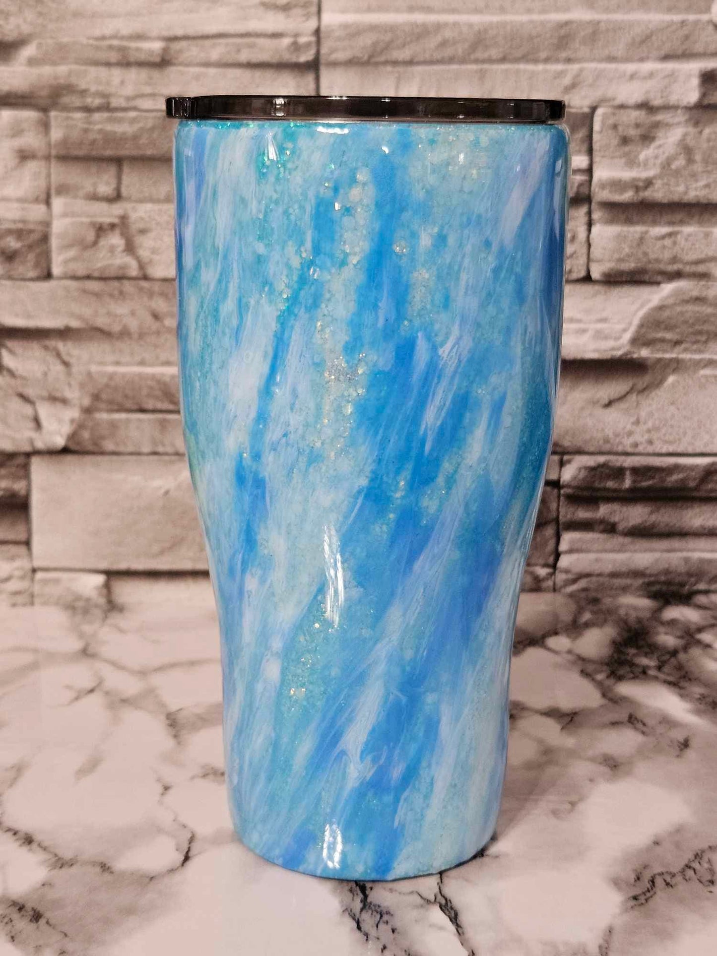 Glitter Swirl Tumbler, Epoxy Sealed cup, custom Marble Tumbler, Blue Opal Milky Way Glitter Tumbler, Custom Travel Mug